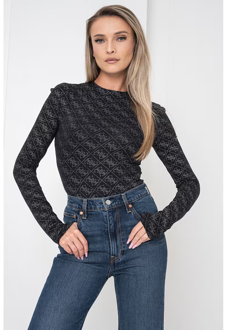 GUESS Body cambrat cu monograma - Negru/Argintiu