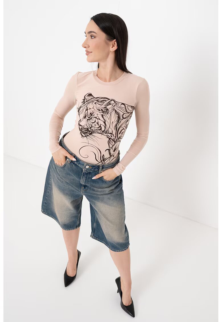 GUESS Body cu decolteu la baza gatului si imprimeu grafic - Maro inchis/Bej deschis