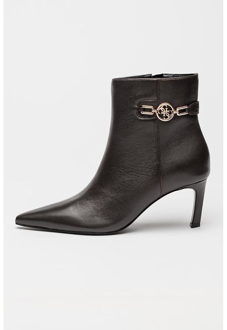 GUESS Botine de piele cu varf ascutit Paislie - Maro inchis