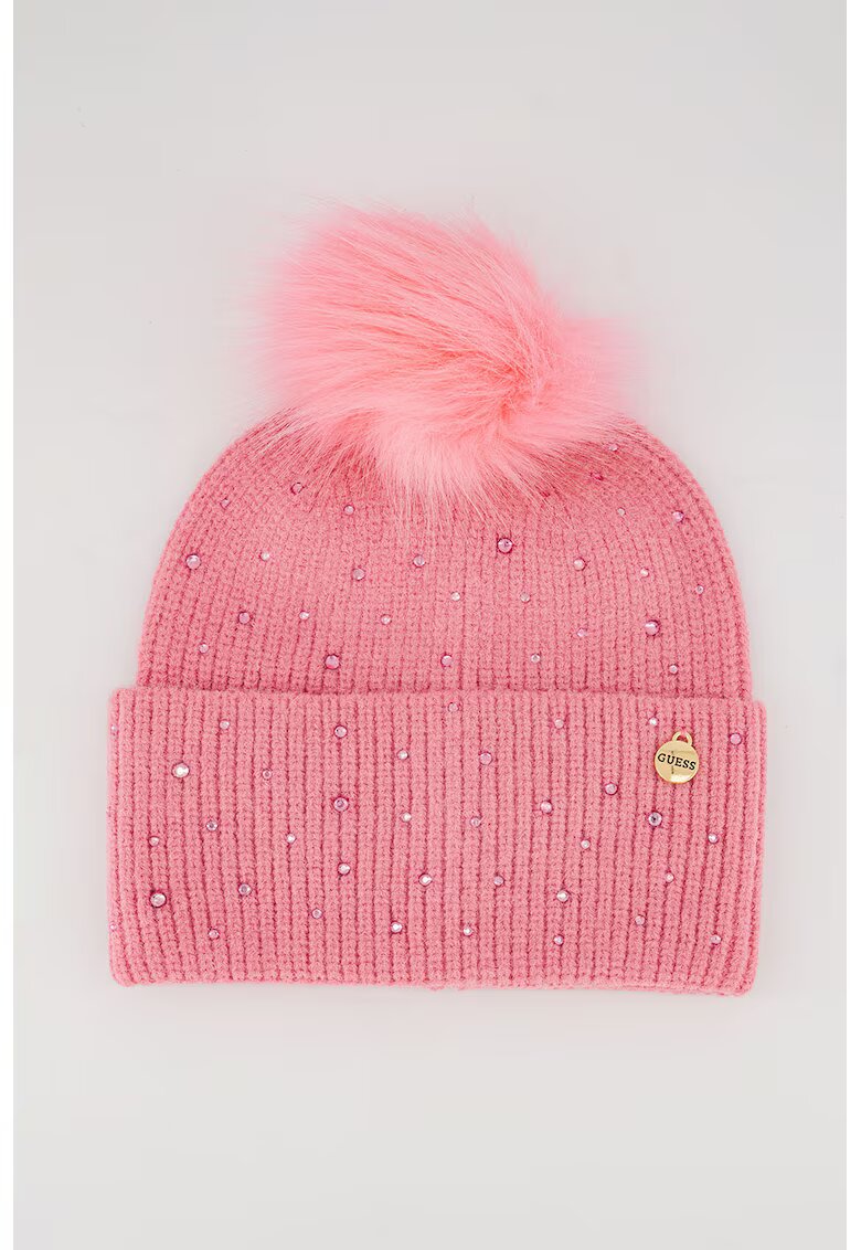 GUESS Caciula din tricot cu ciucure - Roz