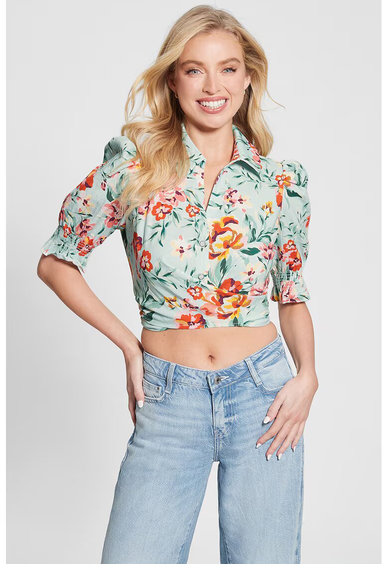 GUESS Camasa crop cu model floral - Albastru aquamarin/Portocaliu stins