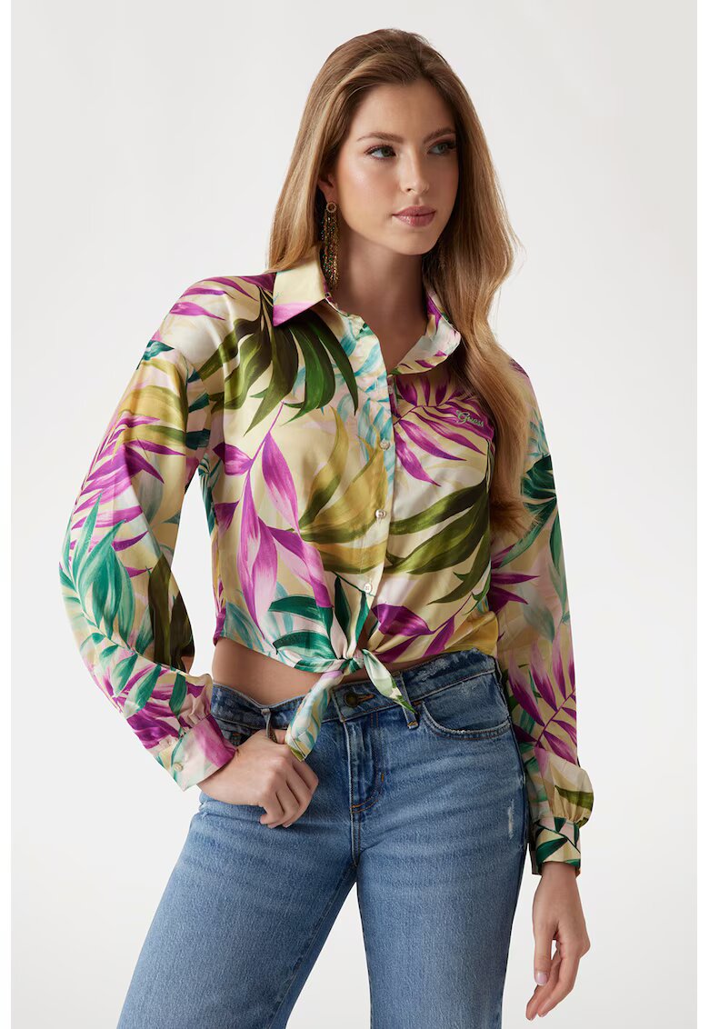 GUESS Camasa crop din satin cu snururi de ajustare - Verde/Fucsia/Galben pai