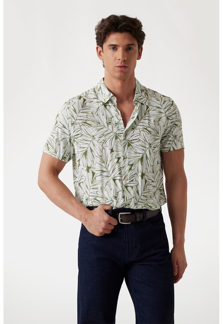 GUESS Camasa cu model floral si maneci scurte - Alb/Verde masliniu