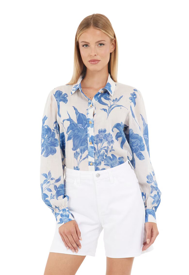 GUESS Camasa din amestec de in cu model floral - Albastru prafuit/Alb murdar