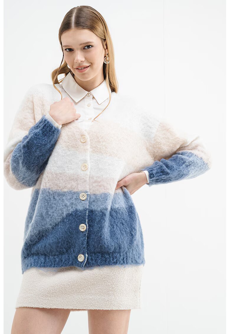 GUESS Cardigan supradimensionat cu model colorblock - Albastru/Crem