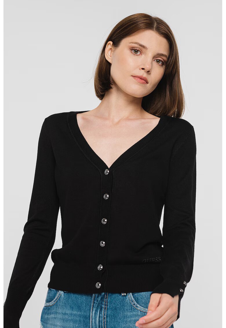 GUESS Cardigan tricotat fin cu decolteu in V - Negru