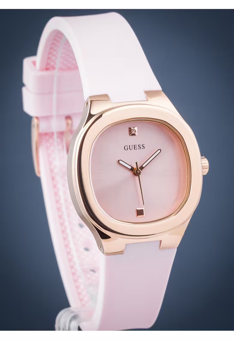 GUESS Ceas de dama Eve - carcasa aurie - cadran roz - curea silicon roz - rezistent la zgarieturi