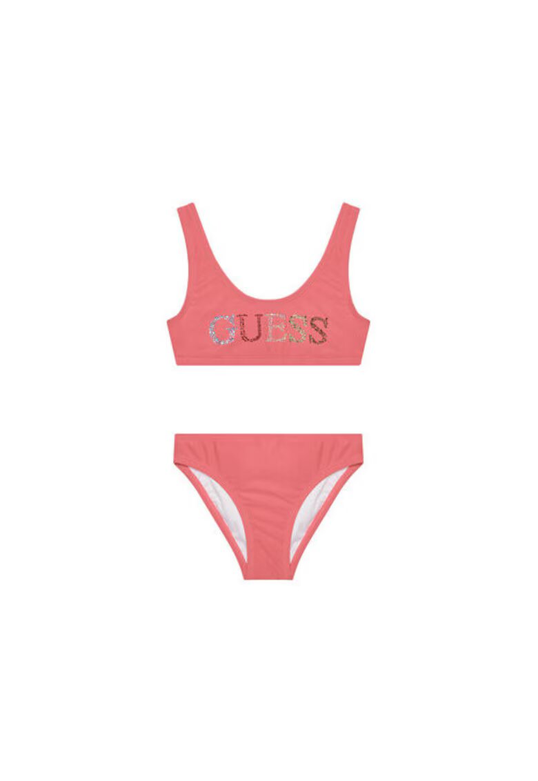 GUESS Costum de baie din doua piese cu logo - Roz somon