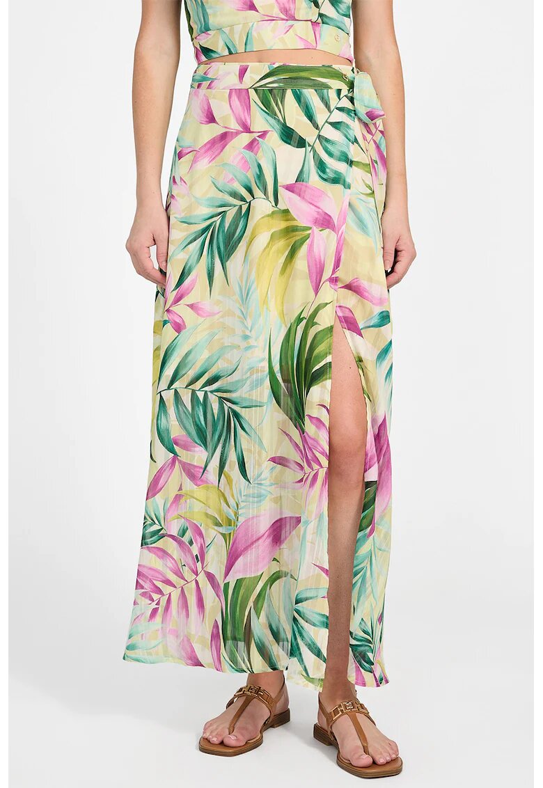 GUESS Fusta maxi cu model tropical - Galben pal/Roz/Verde persan