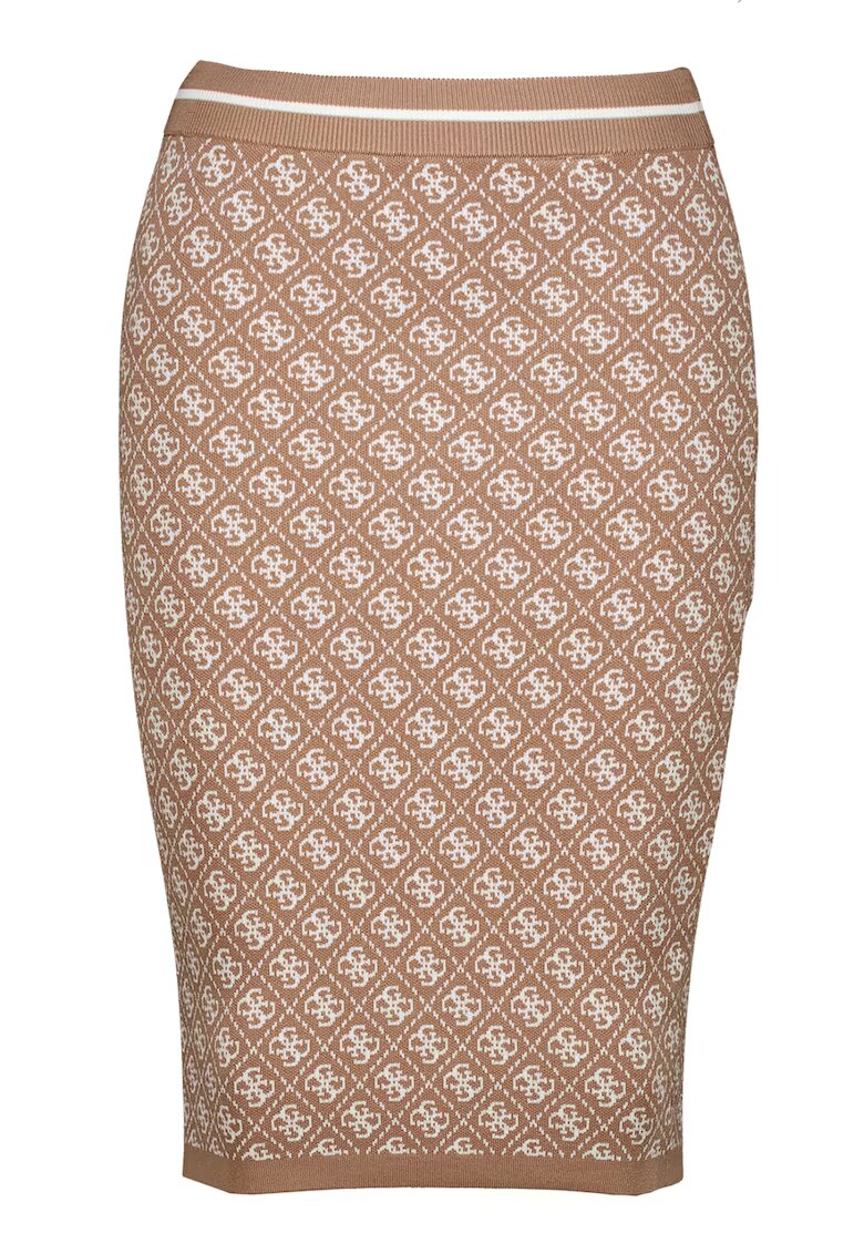 GUESS Fusta mini cambrata cu model logo - Alb/Maro deschis
