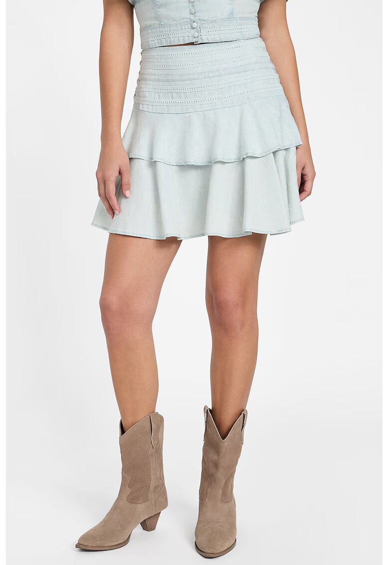 GUESS Fusta mini evazata din amestec de lyocell - Albastru glaciar