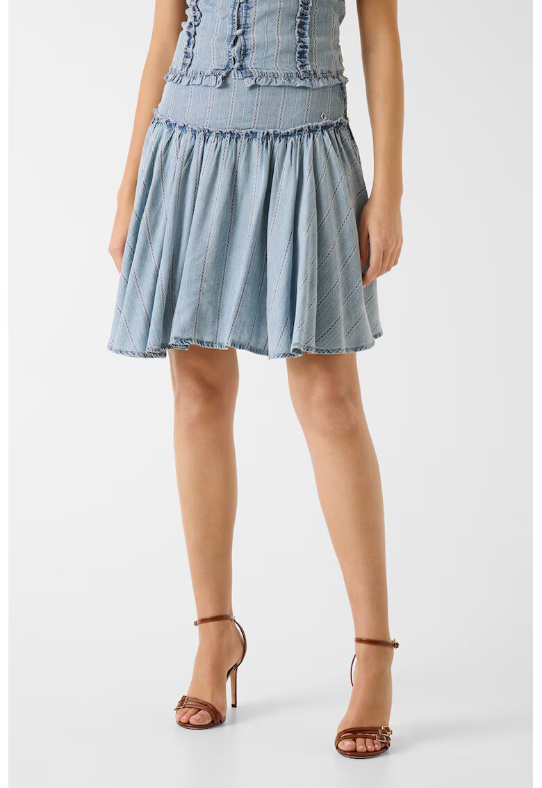 GUESS Fusta mini evazata din material chambray - Albastru deschis