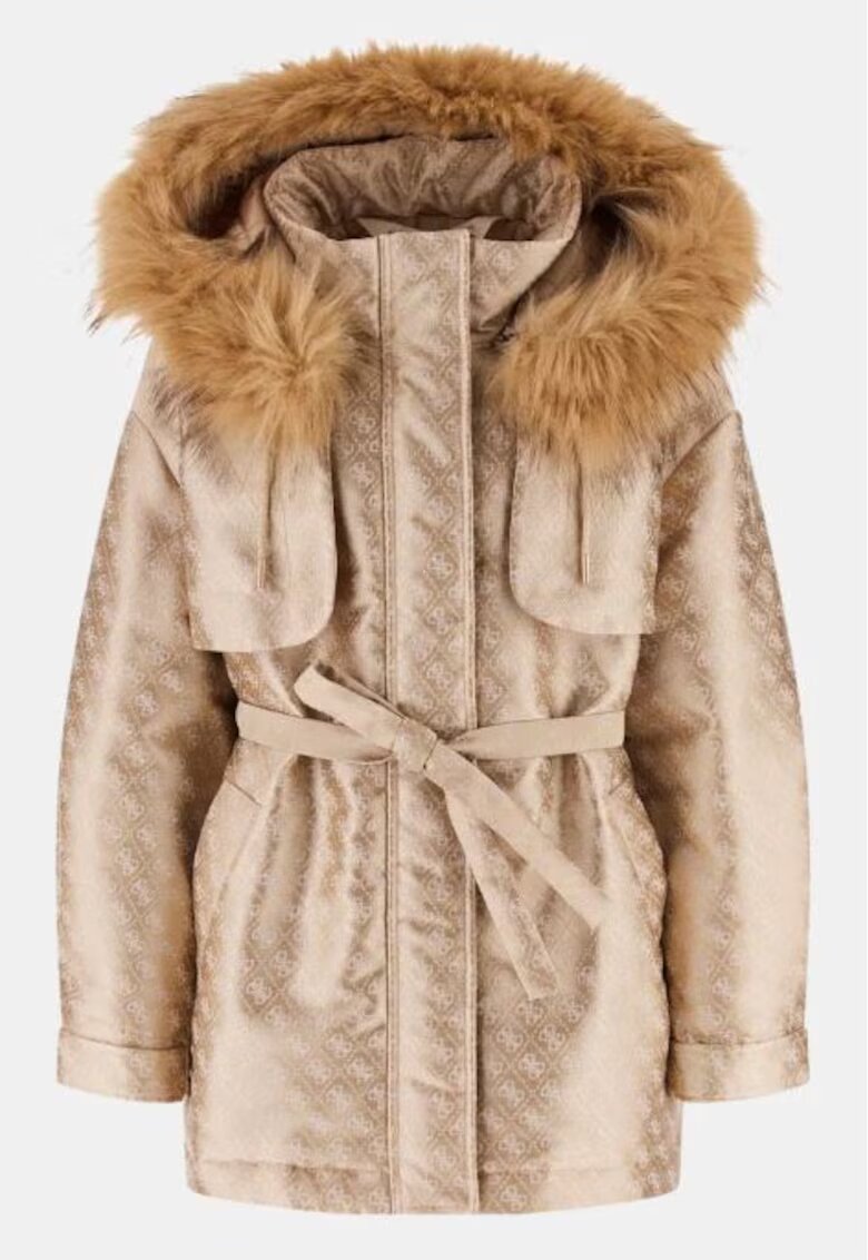 GUESS Geaca cu logo si gluga cu puf -