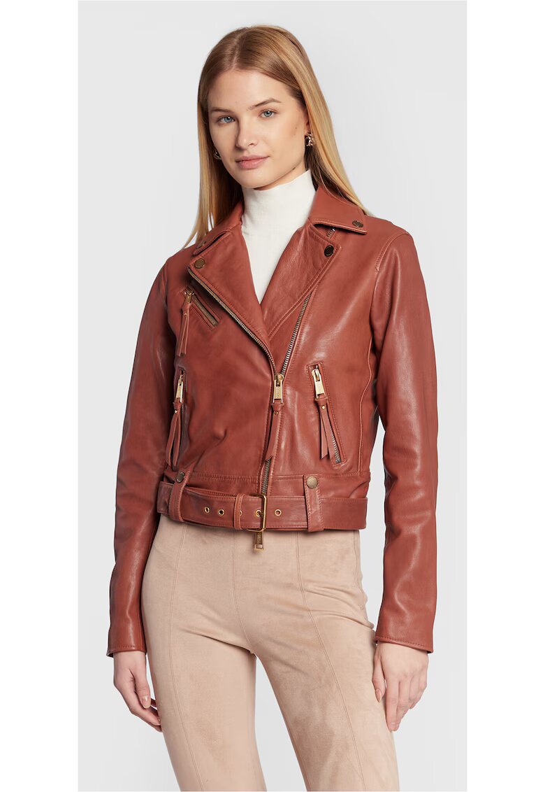 GUESS Geaca de piele dama - Piele naturala - Maro