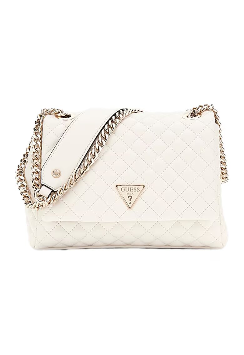 GUESS Geanta crossbody cu bareta din lant - clapa si aspect matlasat - Alb murdar