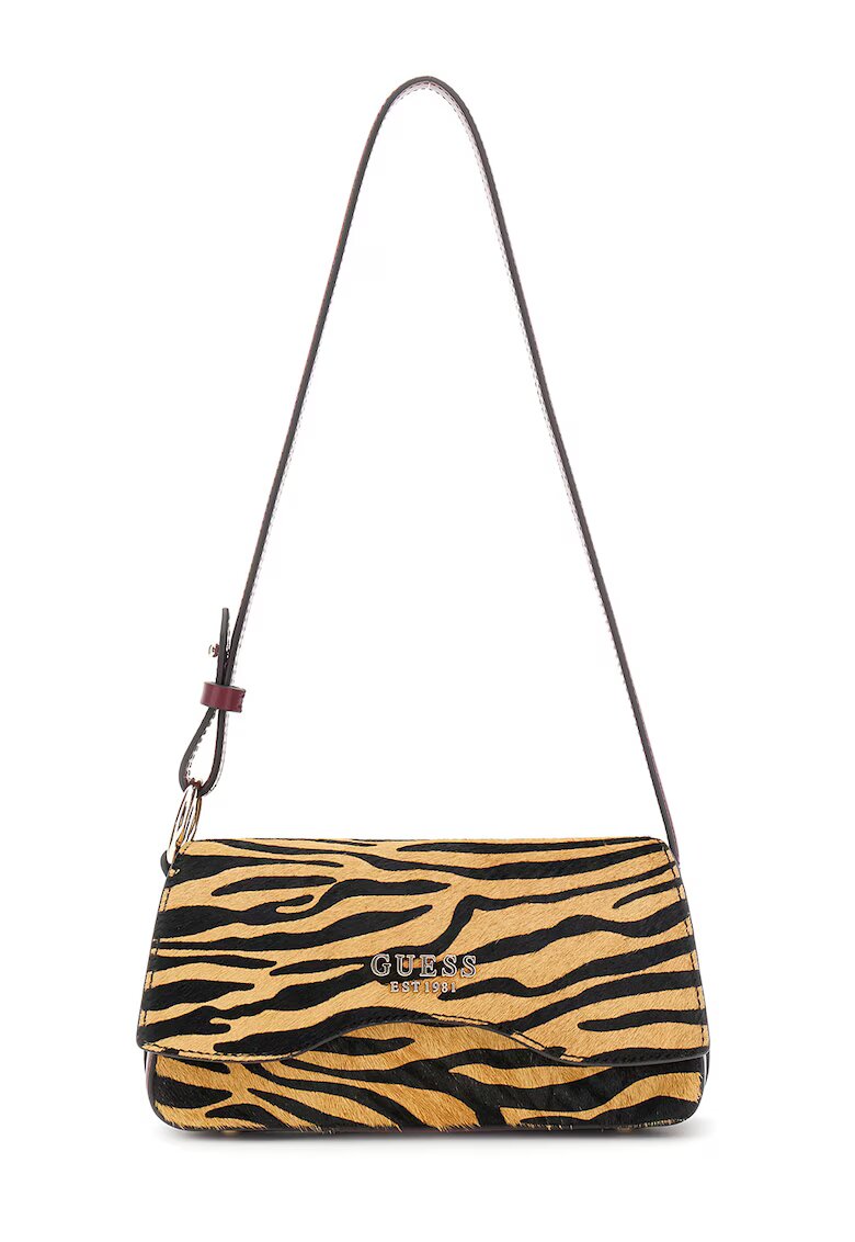 GUESS Geanta cu bareta de umar - logo metalic si segmente din piele intoarsa - Visiniu/Negru/Caramel