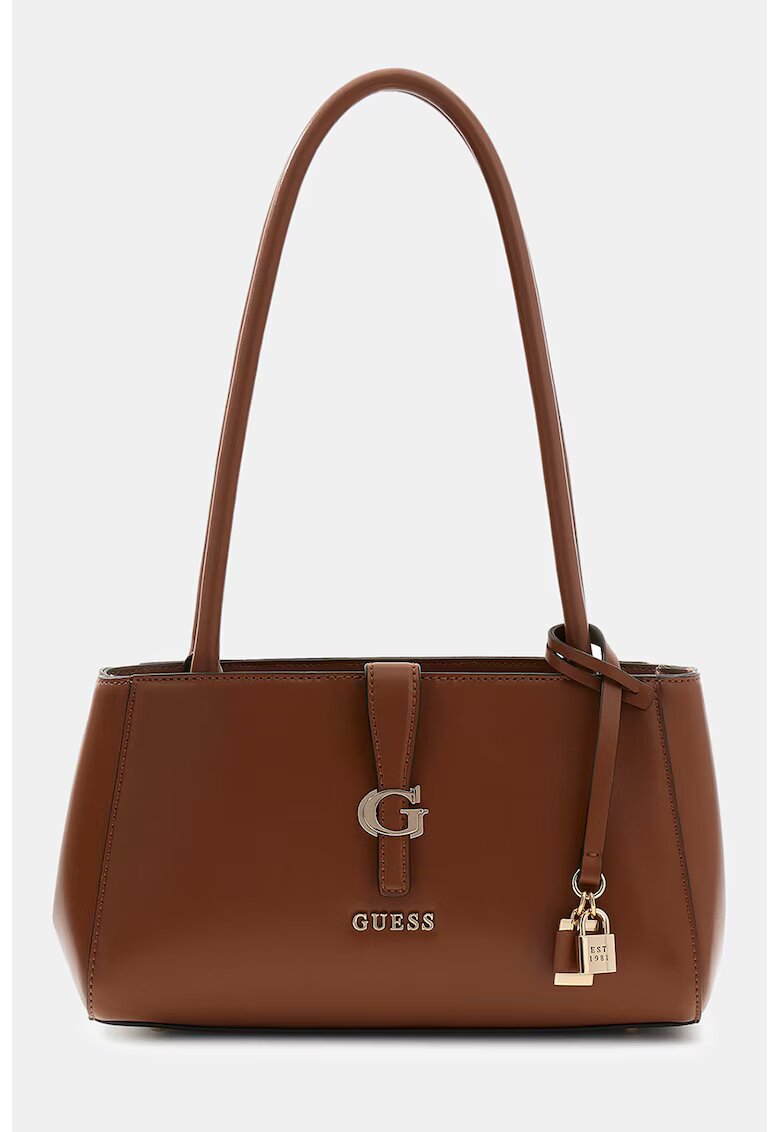 GUESS Geanta de piele ecologica cu bareta de umar si logo Carrie - Maro cognac