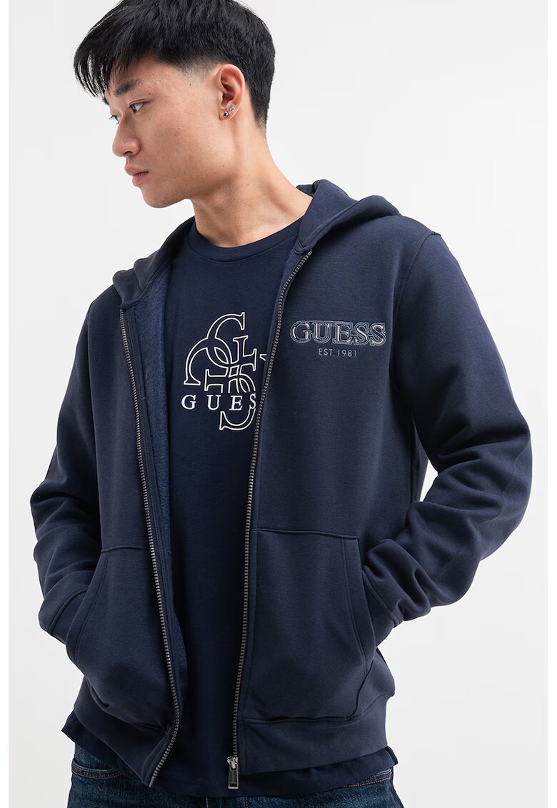 GUESS Hanorac cu fermoar si logo brodat pe piept - Albastru inchis