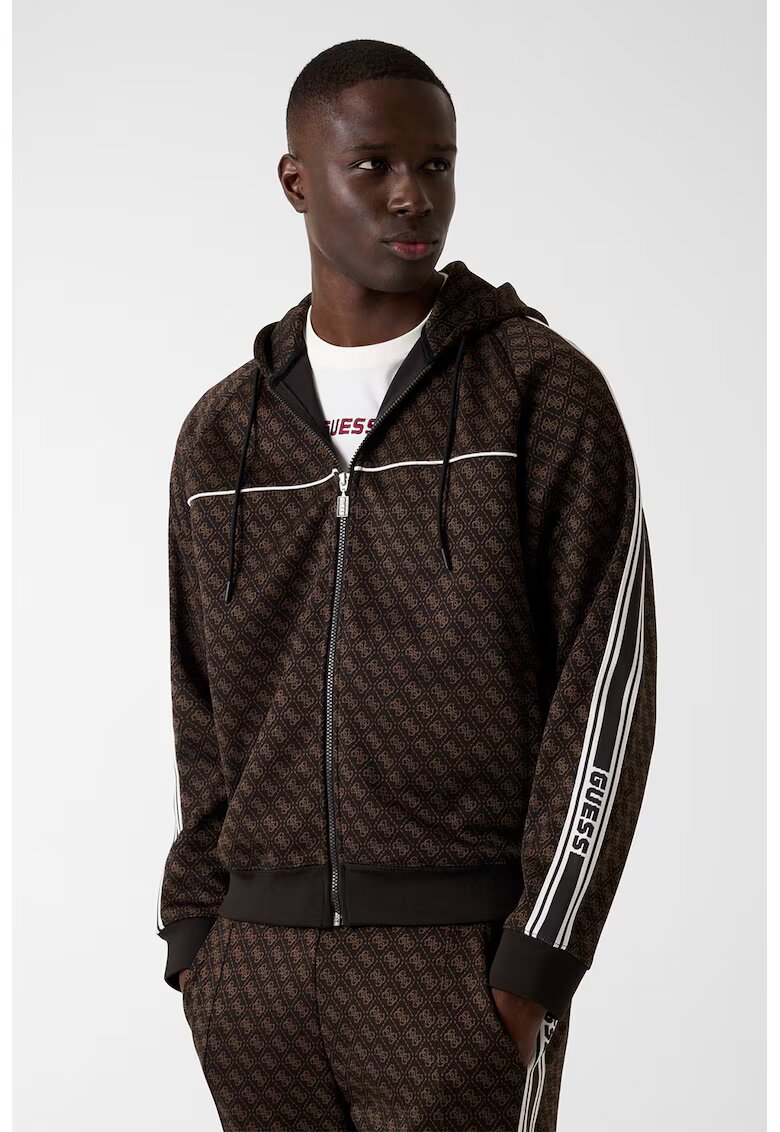 GUESS Hanorac cu fermoar si model monograma - pentru fitness - Maro inchis/Caramel
