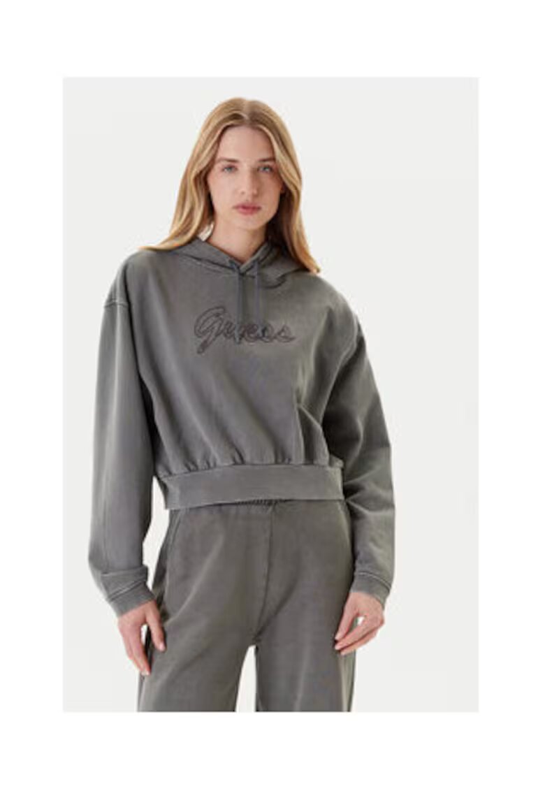 GUESS Hanorac din bumbac cu aspect decolorat - gluga cu snur si logo brodat