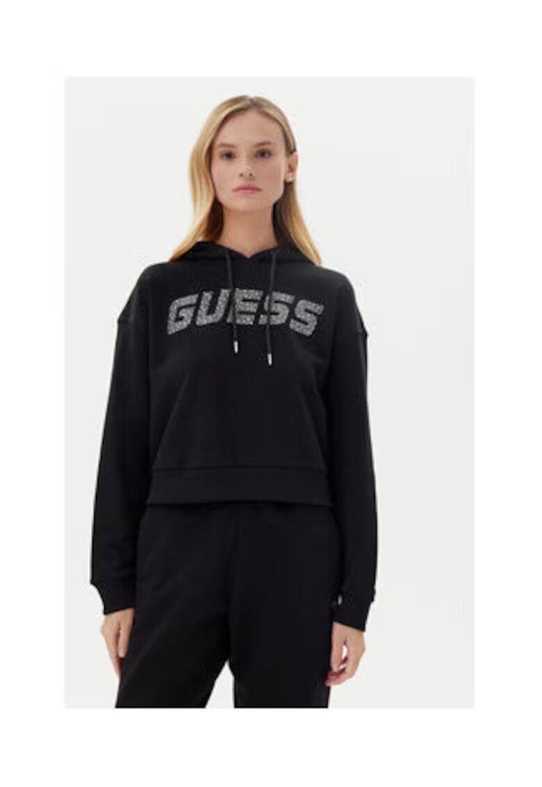 GUESS Hanorac din bumbac cu logo din strasuri - maneci cazute si gluga cu snur