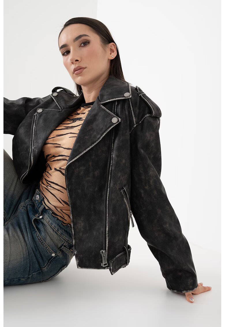GUESS Jacheta biker de piele ecologica cu aspect decolorat - Negru stins
