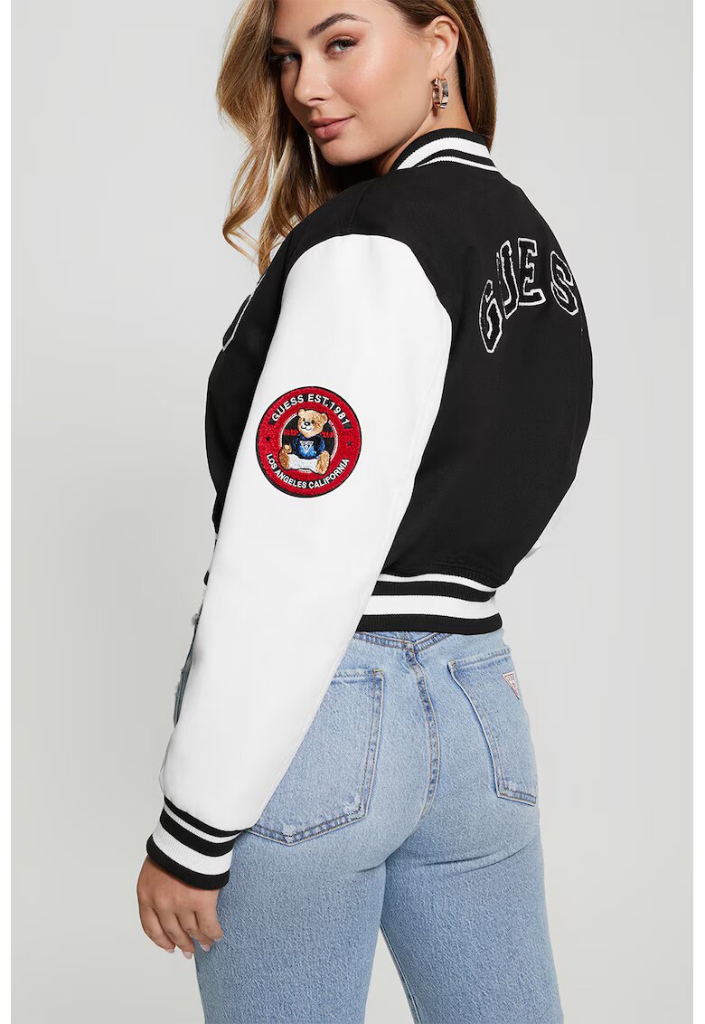 GUESS Jacheta bomber crop cu aplicatii - Alb/Negru