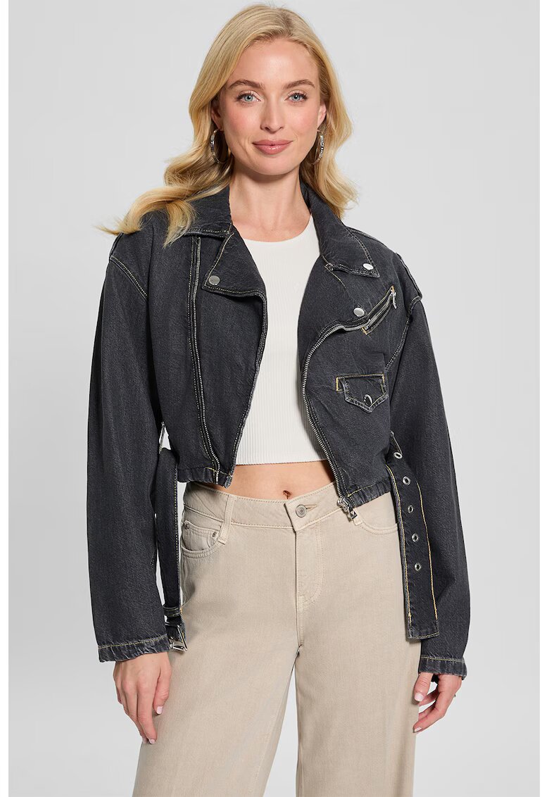 GUESS Jacheta crop biker din denim - Gri antracit