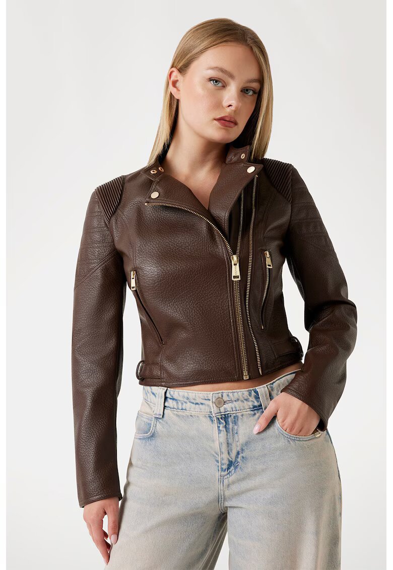 GUESS Jacheta crop din piele ecologica - Maro inchis