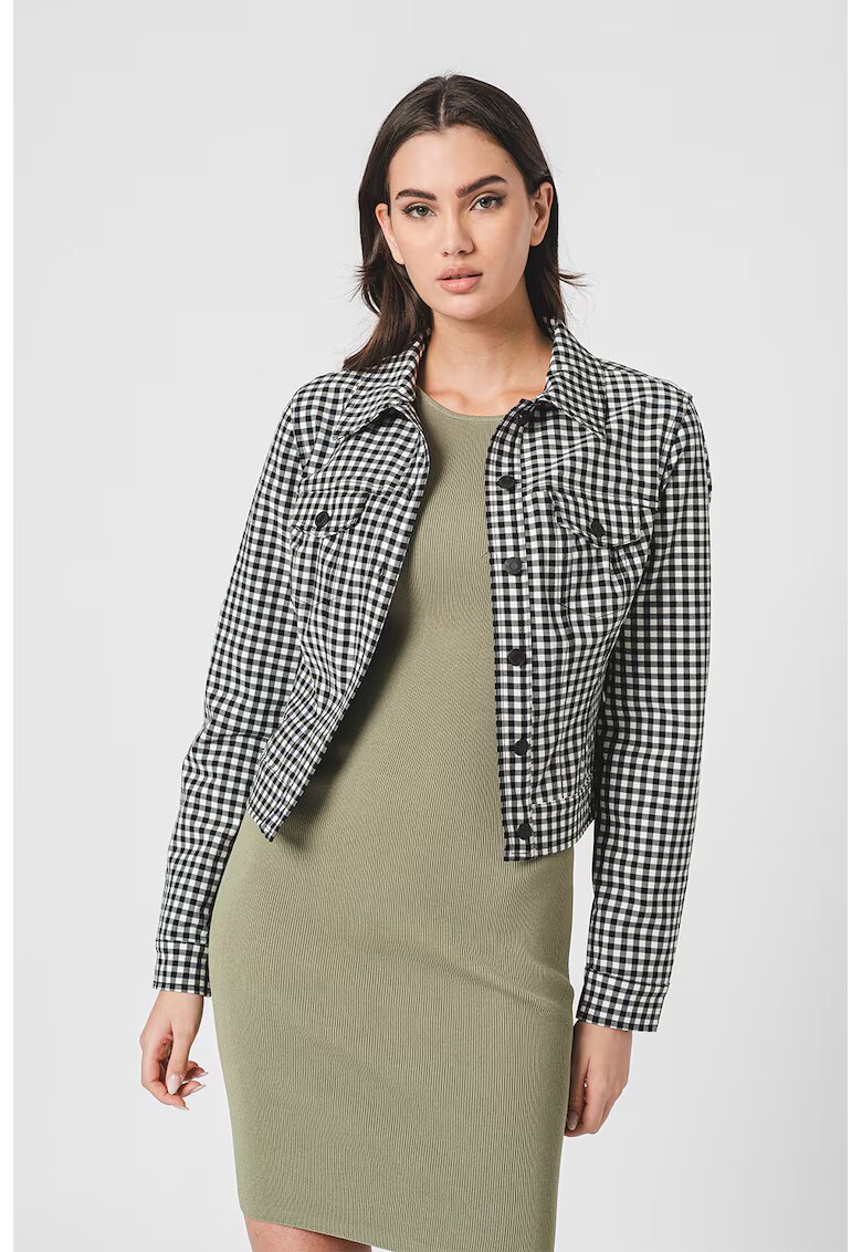 GUESS Jacheta cu model houndstooth si buzunare pe piept - Alb/Negru