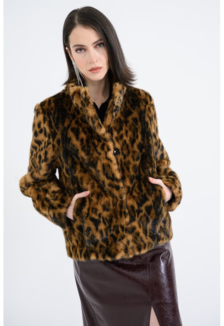 GUESS Jacheta de blana sintetica cu animal print - Negru/Caramel