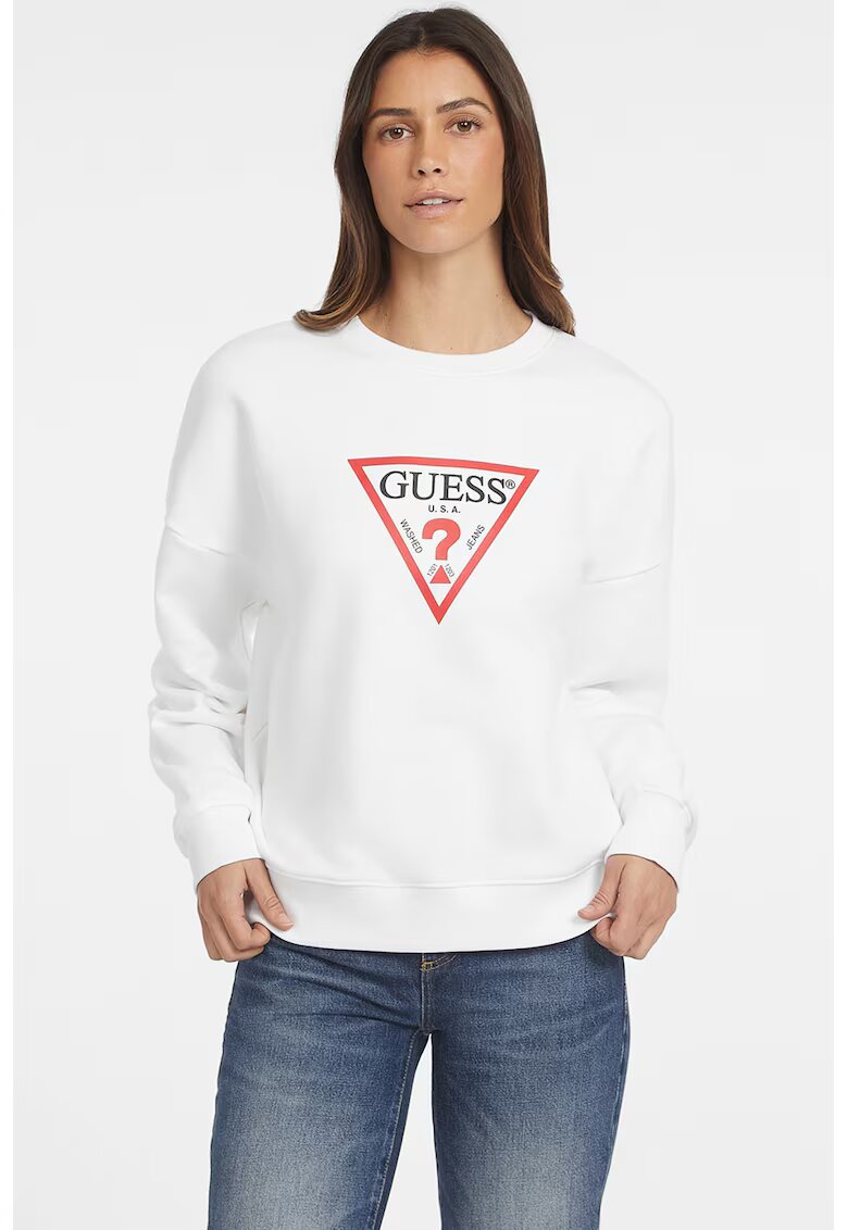 GUESS JEANS Bluza de trening cu croiala lejera - decolteu la baza gatului si logo - Alb