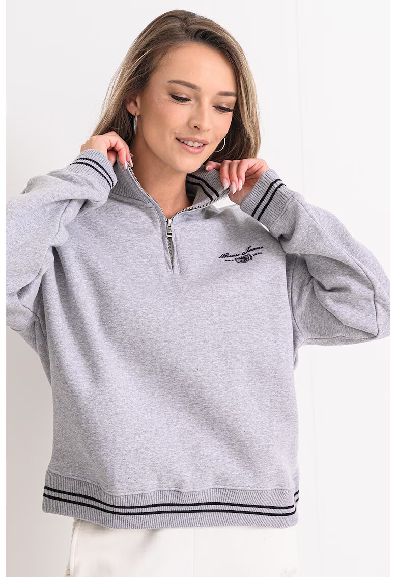 GUESS JEANS Bluza de trening cu fermoar scurt si guler - Gri melange