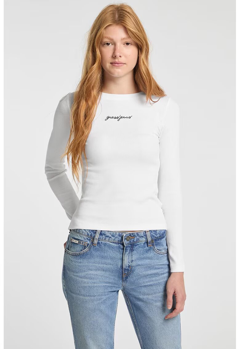 GUESS JEANS Bluza slim fit striata cu logo - Alb