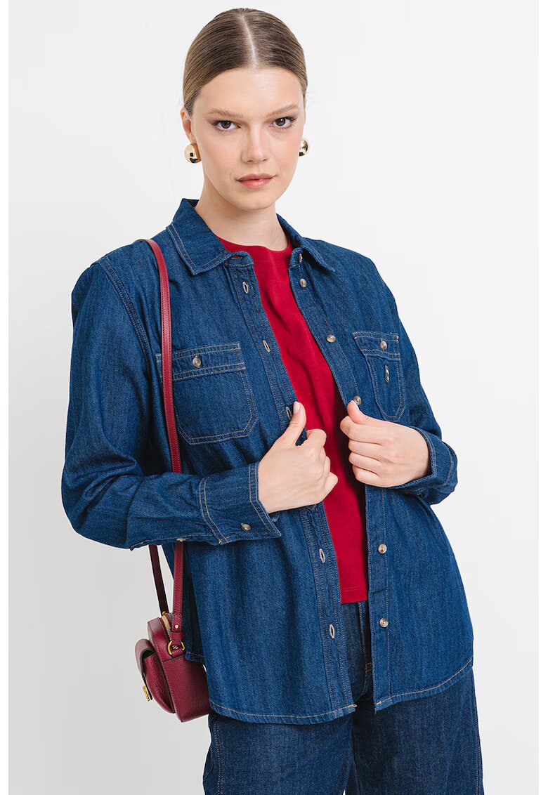 GUESS JEANS Camasa din denim cu buzunare pe piept - Albastru inchis