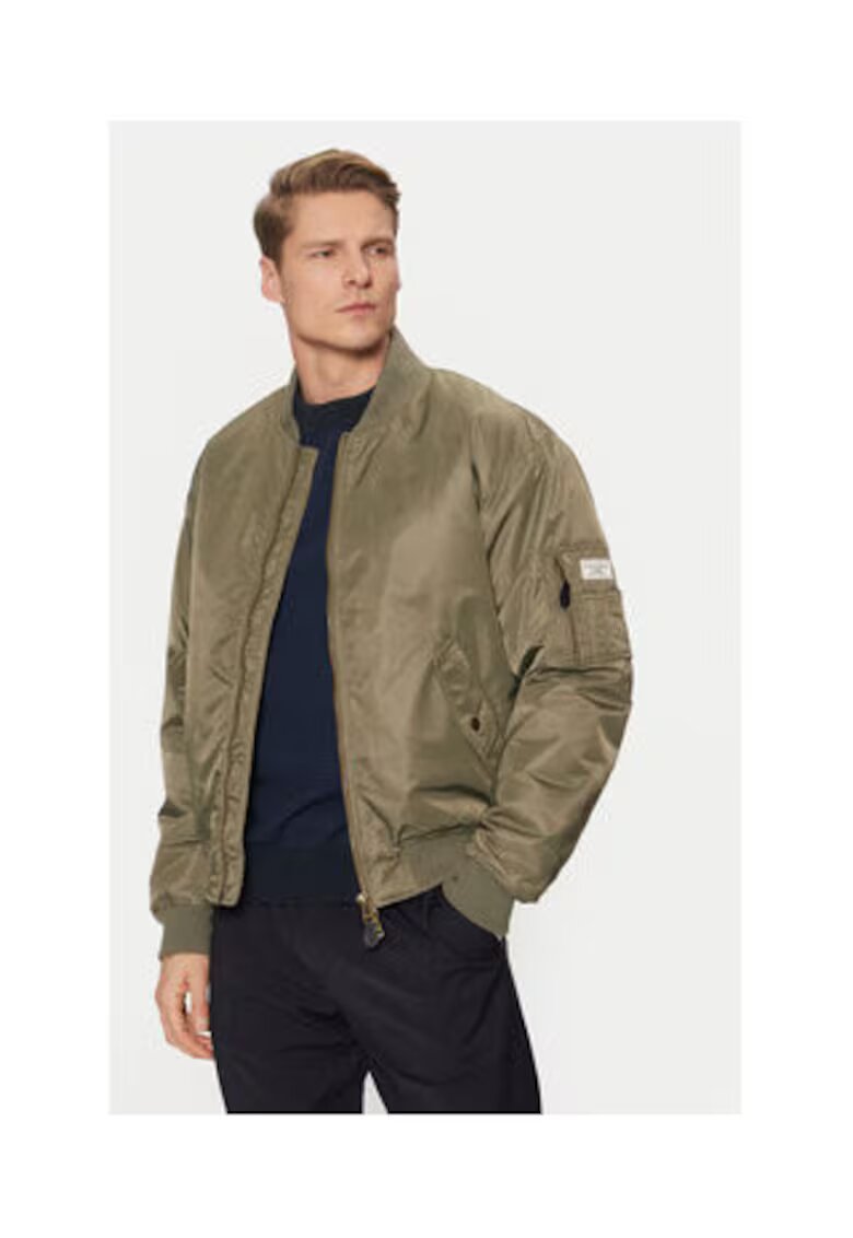 GUESS JEANS Jacheta bomber cu fermoar si buzunar pe maneca
