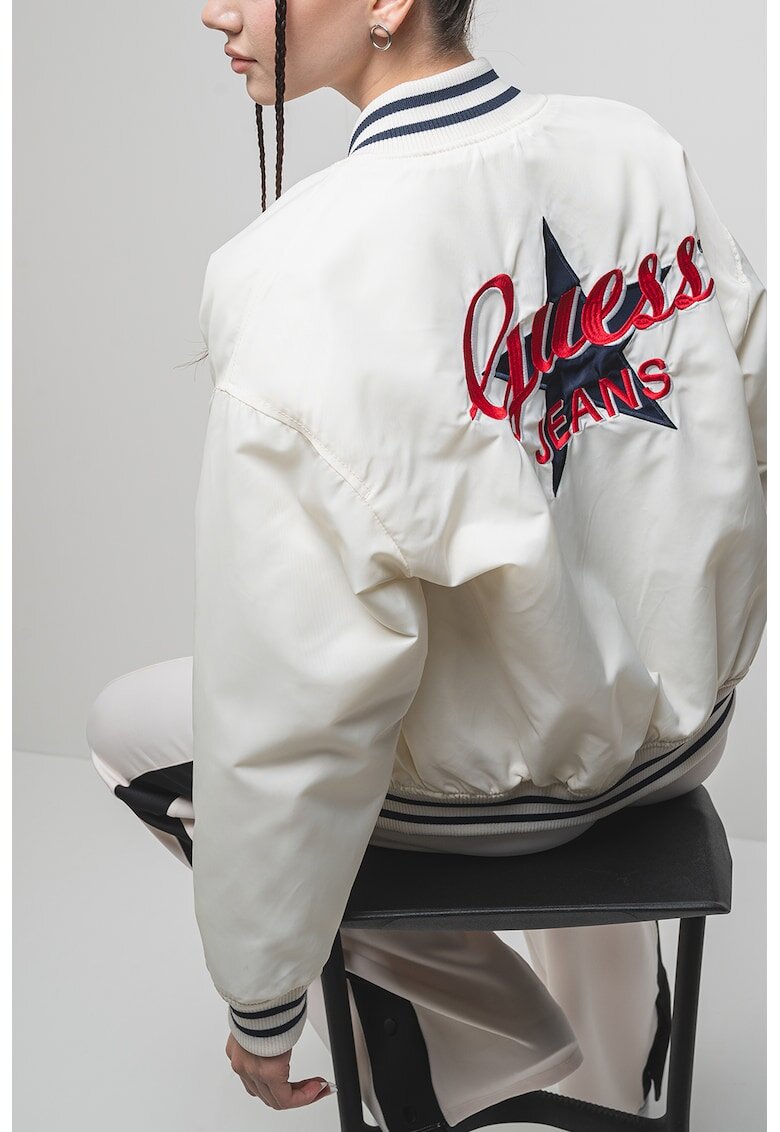 GUESS JEANS Jacheta bomber cu logo brodat - Crem