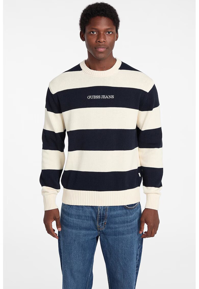 GUESS JEANS Pulover cu dungi - decolteu la baza gatului si logo - Alb fildes/Bleumarin