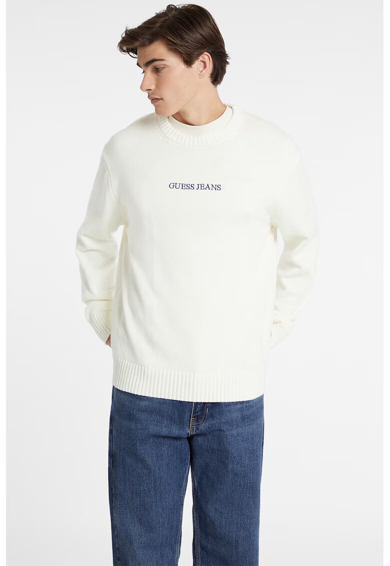 GUESS JEANS Pulover de bumbac cu broderie logo - Alb murdar