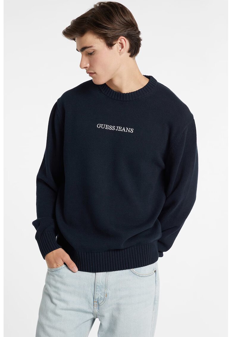 GUESS JEANS Pulover de bumbac cu broderie logo - Bleumarin