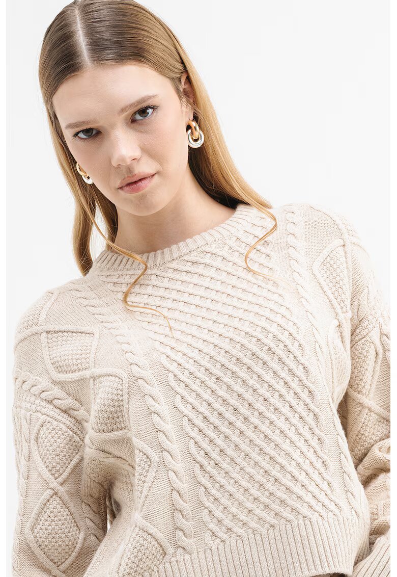 GUESS JEANS Pulover din amestec de lana cu model torsade - Maro nisip