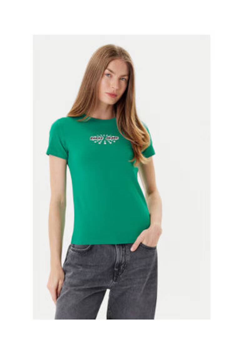 GUESS JEANS Tricou cu decolteu la baza gatului din amestec de bumbac organic si imprimeu