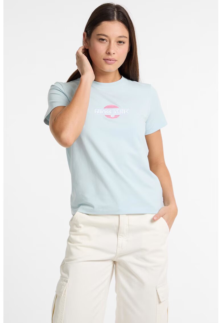 GUESS JEANS Tricou cu decolteu la baza gatului si broderie logo pe piept - Rosu stins/Albastru glaciar