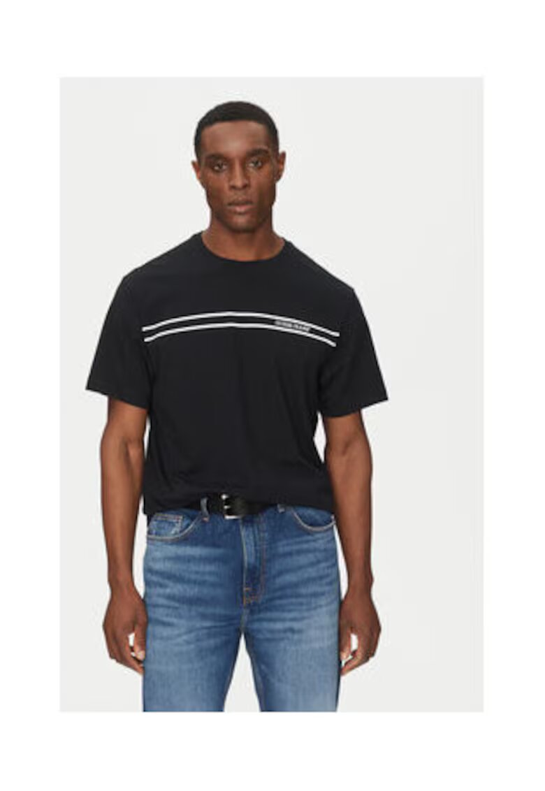GUESS JEANS Tricou cu decolteu la baza gatului si dungi contrastante pe piept