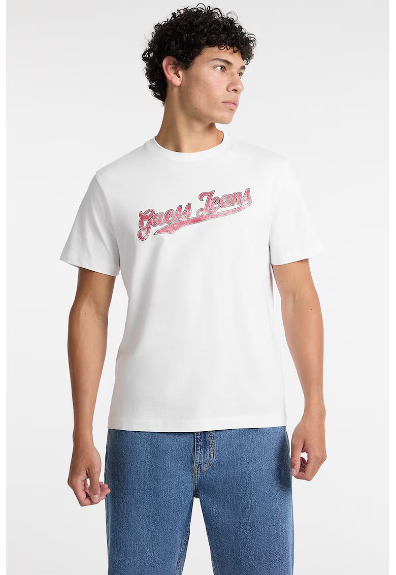 GUESS JEANS Tricou de bumbac cu decolteu la baza gatului - Rosu stins/Alb optic