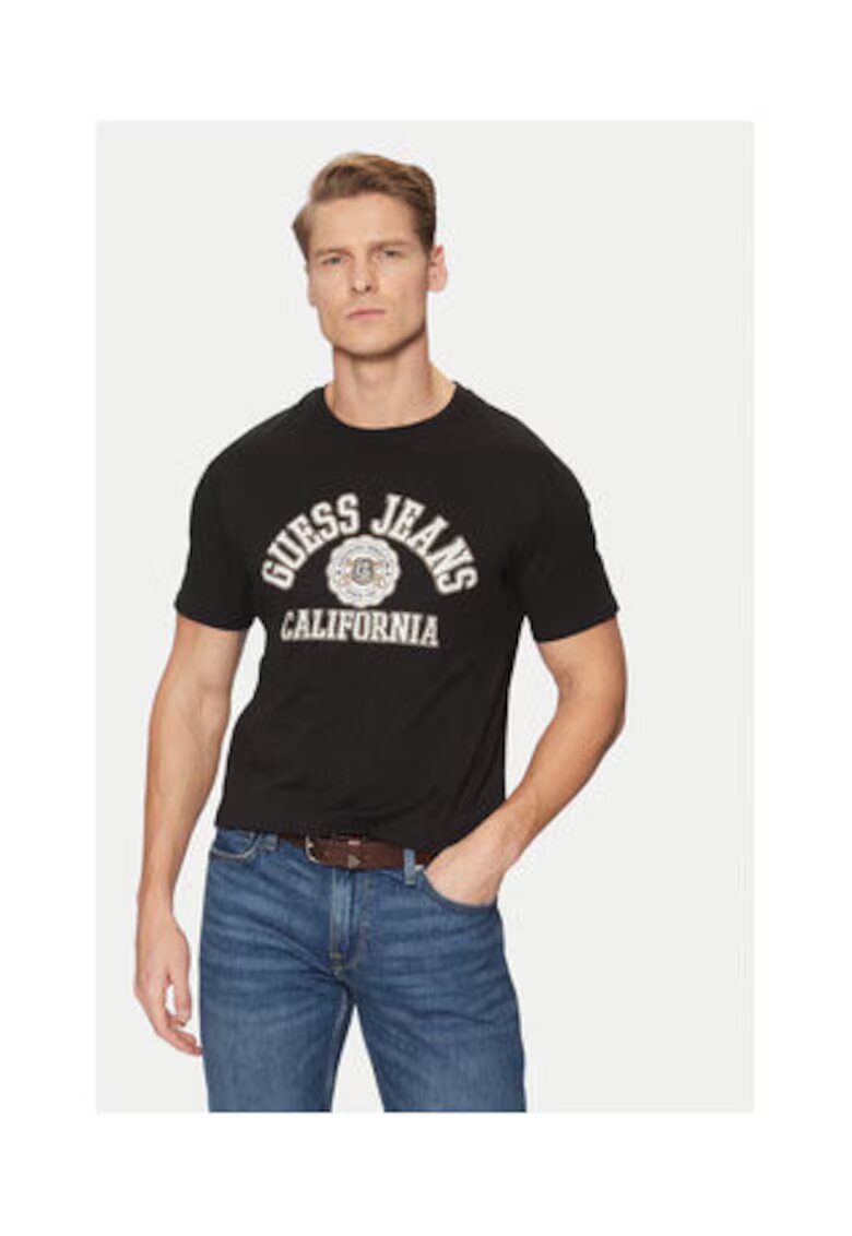 GUESS JEANS Tricou din bumbac cu decolteu la baza gatului si imprimeu pe piept