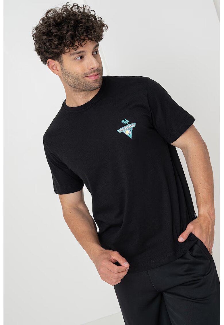GUESS JEANS Tricou din bumbac cu decolteu la baza gatului si logo - Negru