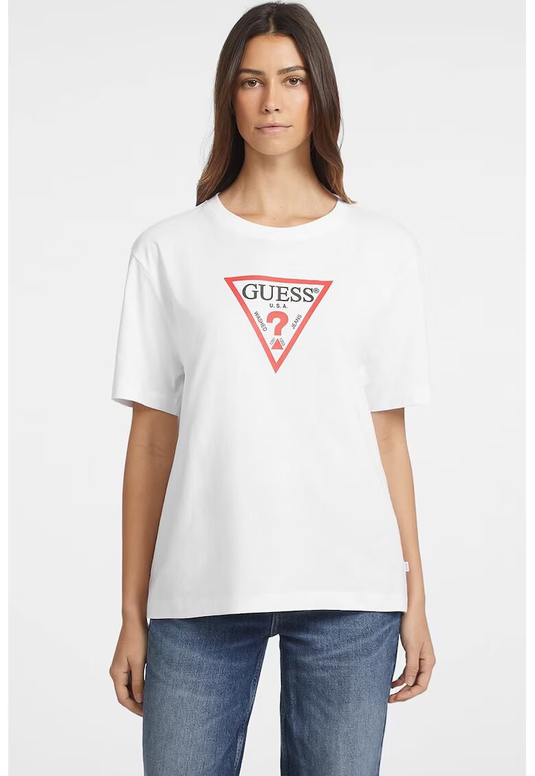 GUESS JEANS Tricou lejer cu decolteu la baza gatului - Rosu/Alb