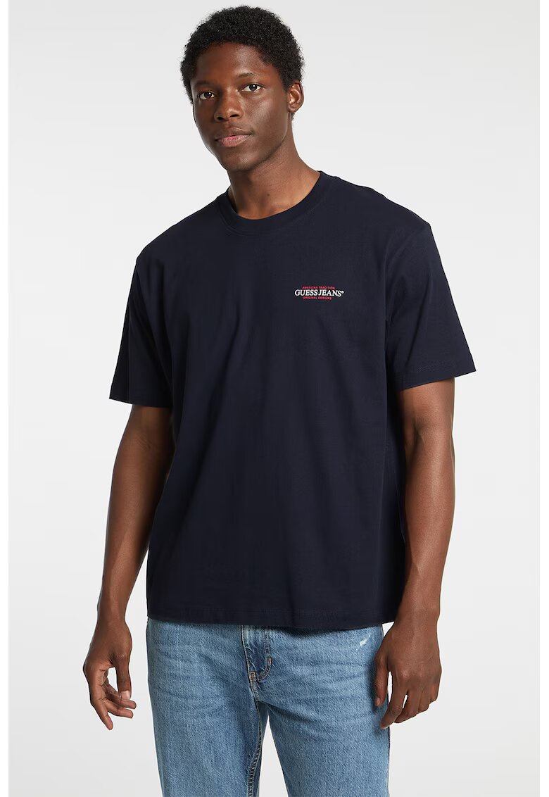 GUESS JEANS Tricou lejer cu imprimeu logo - Rosu/Alb optic/Bleumarin