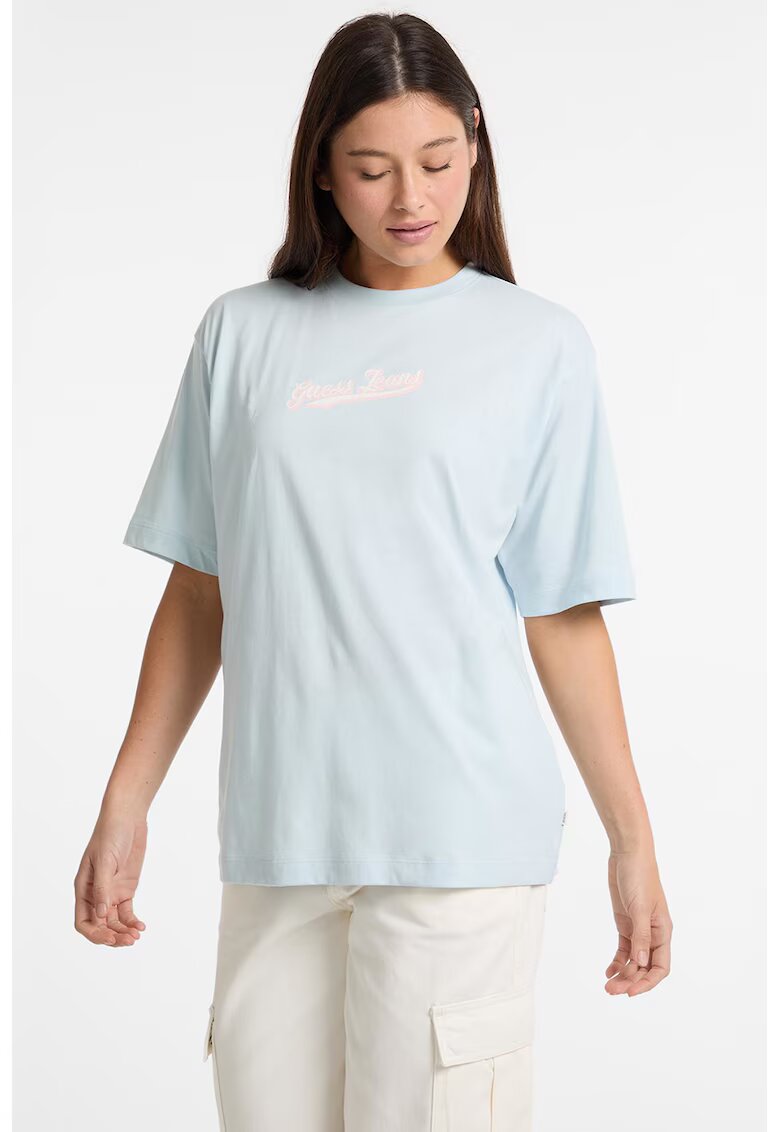 GUESS JEANS Tricou lejer cu logo pe piept - Alb/Albastru glaciar